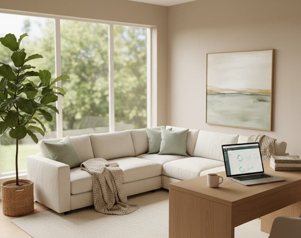 A sunlit therapy office with a sofa, large windows, and a laptop open on a wooden desk.